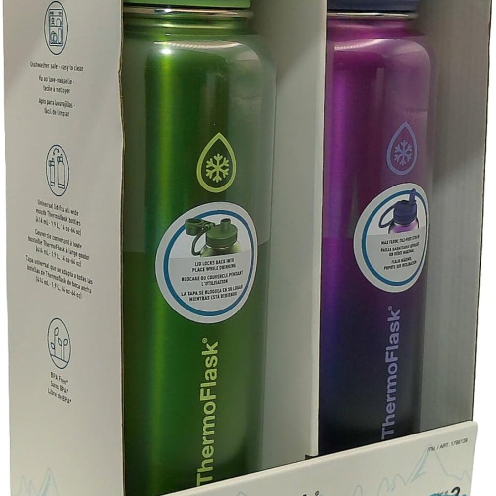 Thermoflask 40oz Stainless Steel Insulated Water Bottles, 2-pack, Green/Purple